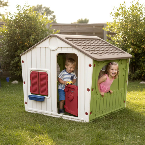 Children playing inside colourful plastic garden play house with red door, green panels and brown roof on lawn