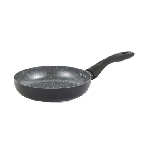 Black marble-effect non-stick frying pan with ergonomic handle on a plain background.