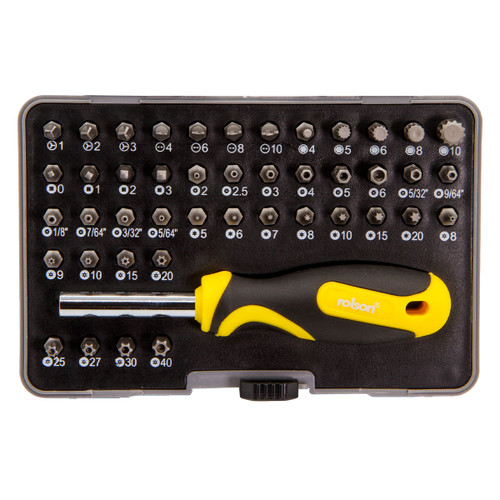 Rolson security screwdriver bit set in open black storage case featuring yellow and black ergonomic handle and neatly organized precision bits, including Torx, hex, spanner, and spline sizes with clearly labeled measurements.