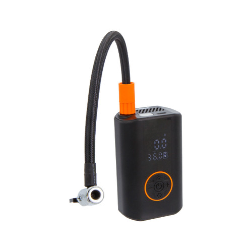 Rolson cordless tyre inflator with flexible air hose and nozzle attachment, portable air compressor for car tyres featuring digital display, black casing with orange accents and ergonomic compact design.
