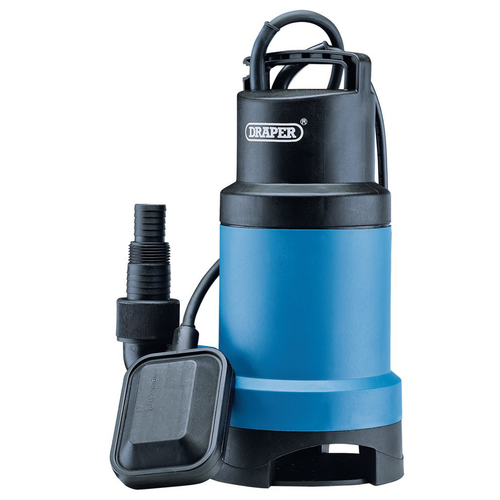 Draper submersible water pump with float switch and hose outlet, isolated on a white background.