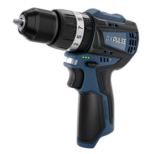 DXPULSE cordless drill driver with keyless chuck, torque adjustment ring, LED battery indicator lights, and ergonomic grip, isolated on white background.