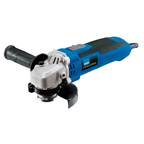 Draper Storm Force angle grinder with side handle and safety guard, isolated on a white background, compact metal grinding tool.