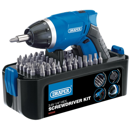 Draper 3.6V cordless screwdriver kit with multiple interchangeable bits in organised storage case, isolated on a white background.