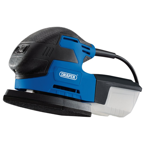 Draper electric orbital sander with dust collection box, compact hand sander isolated on a white background.