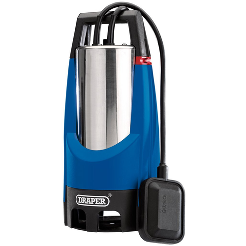 Draper stainless steel submersible water pump with float switch and carry handle, heavy-duty electric pump isolated on a white background.