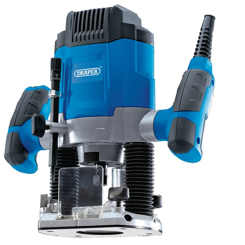 Draper electric plunge router with dual handles and depth adjustment, isolated on a white background, woodworking power tool.