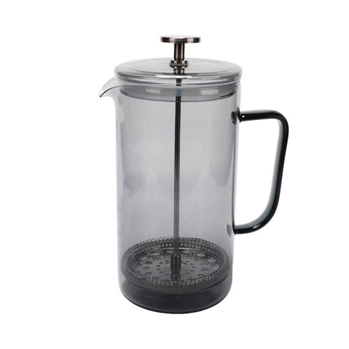 Glass cafetière (French press) with stainless steel plunger and black handle.