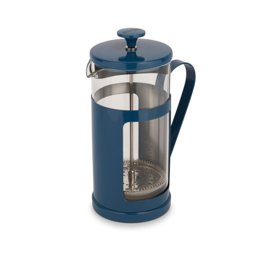 Angled view of empty blue French press cafetière with glass body and metal filter.