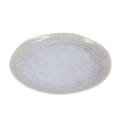 Round ceramic plate with a light grey speckled glaze and subtle brown rim, shown on a white background.