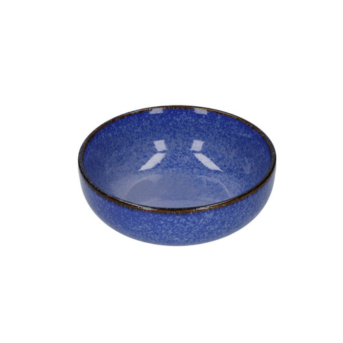 Blue speckled ceramic bowl with a dark rim, shown at a slightly elevated angle on a white background.