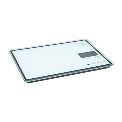 Slim glass digital kitchen scale with LCD display and touch controls on a white background.