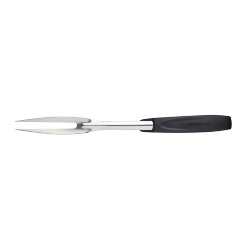 Stainless steel carving fork with two prongs and a black ergonomic handle, designed for serving and carving meat.