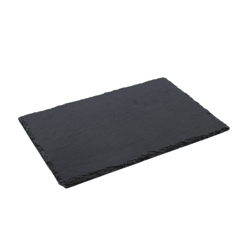 Rectangular black slate serving platter with natural, rough-cut edges, shown at an angle.