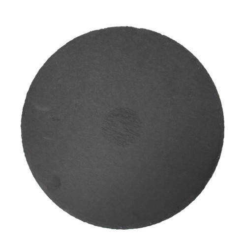 Top view of a round black slate coaster with a natural, slightly rough edge.