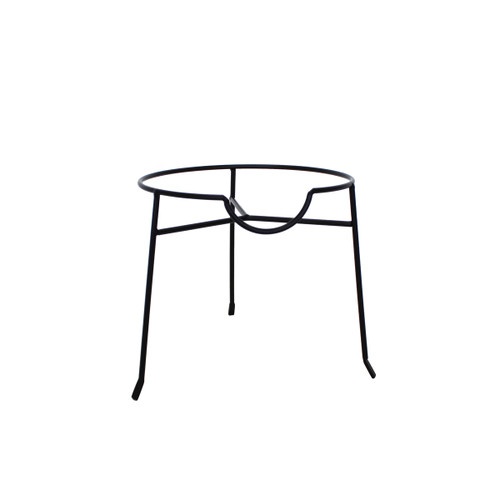 Black metal stand with circular top ring and three legs for a drinks dispenser.