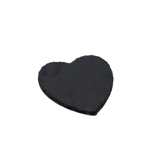 Angled side view of a heart-shaped slate coaster showing its thickness and rough edges.