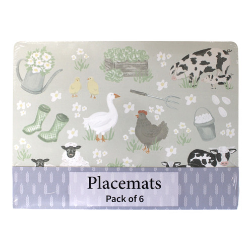 Pack of six placemats with a farmyard design featuring animals, flowers and gardening items.
