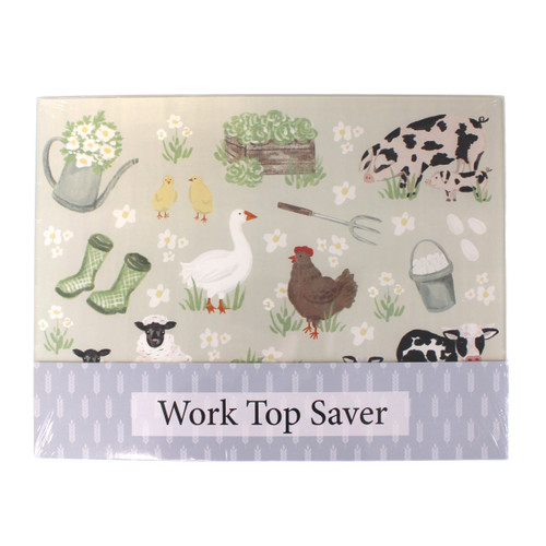 Farm-themed worktop saver with illustrated animals, flowers and tools, labelled “Work Top Saver” on the packaging.