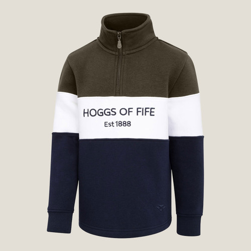 Kids’ colour block quarter zip sweatshirt in olive green, white and navy with Hoggs of Fife logo detail