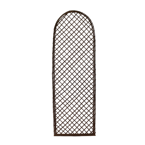 Tall arched willow garden trellis panel with decorative lattice framework for climbing plants and outdoor garden support