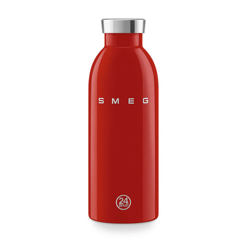 Front view of a red SMEG 500ml stainless steel water bottle with silver screw-top lid and embossed SMEG branding on a light grey background.