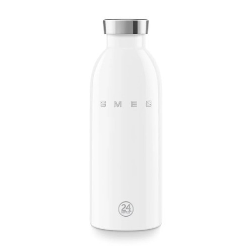 Front view of a white SMEG 500ml stainless steel water bottle with silver screw-top lid and embossed SMEG branding on a light grey background.