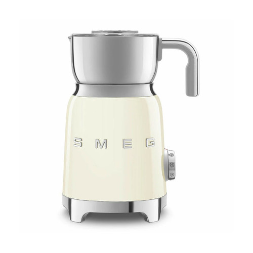 Cream SMEG multi milk frother with stainless steel jug, clear lid, side handle and retro-style control dial.
