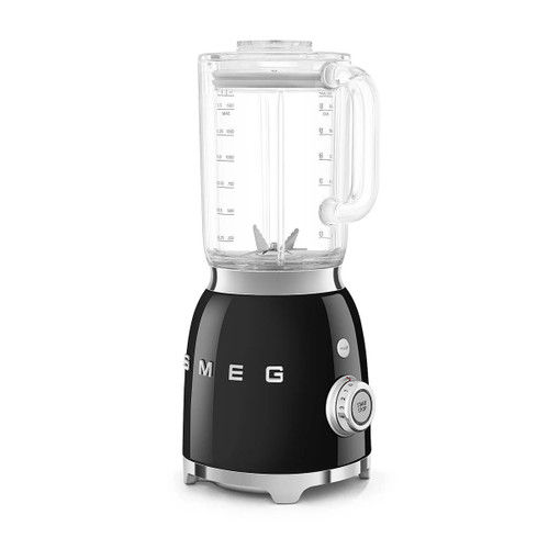 Three-quarter view of the black SMEG jug blender highlighting the variable speed control dial, pulse function, clear measuring jug and polished chrome-effect detailing.