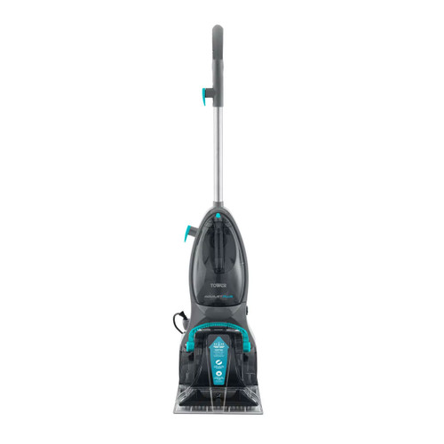 Front-facing product image of the Tower AquaJet Plus Carpet Washer, featuring a compact upright design with integrated clean and dirty water tanks and aqua jet cleaning technology.