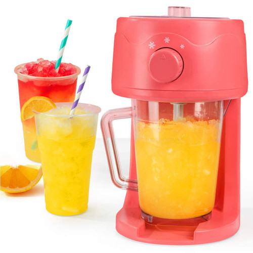 Giles & Posner slushie maker preparing frozen drinks, shown with colourful slushies and citrus garnishes on a white background.