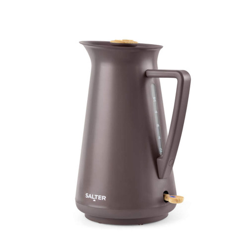 Salter Malmo cordless kettle in a matte brown finish with wood-effect accents, shown on a white background.