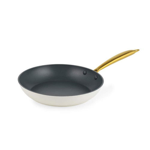 Salter Aeotech 24cm non-stick frying pan with a sleek grey cooking surface and metallic gold ergonomic handle on a white background.