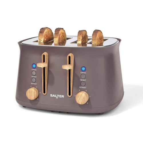 Salter Malmo 4-slice toaster in a rich brown finish with wood-effect controls and four slices of toast inserted, illuminated indicator lights visible.