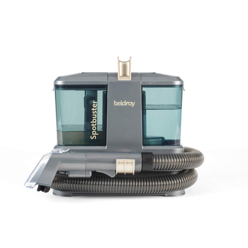 Beldray compact spot cleaner with dual water tanks, flexible hose and stain-removal nozzle on a white background.