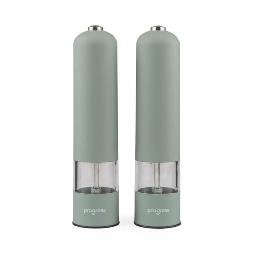 Set of two Progress electric salt and pepper mills in a soft sage green finish with clear spice chambers and stainless steel tops.
