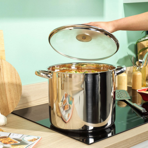 Russell Hobbs 26cm stainless steel stockpot with glass lid being opened while cooking a hearty stew on an induction hob.
