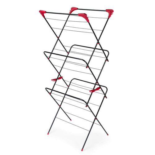 Russell Hobbs 3 Tier Supreme Airer clothes drying rack with black steel frame and red corner accents, fully assembled.