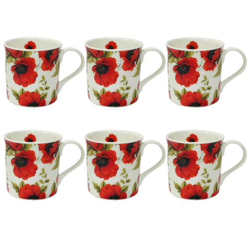 Set of six ceramic mugs featuring a vibrant red poppy floral pattern with green foliage on a white background, displayed in multiple product views.