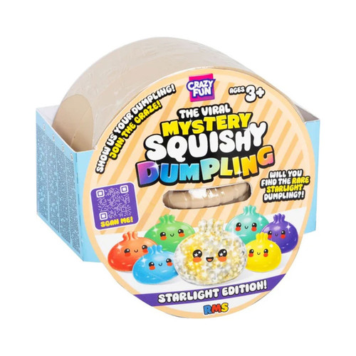 Packaging for RMS “The Viral Mystery Squishy Dumpling: Starlight Edition,” showing a round mystery squishy dumpling toy box with colourful cartoon dumplings and a note about finding the rare Starlight dumpling.