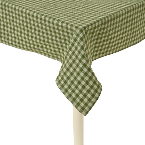 Sage green and white gingham tablecloth draped over a dining table, featuring a classic checked pattern for rustic, farmhouse or seasonal table settings.