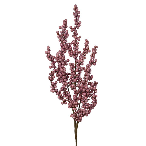 Decorative faux berry stem with clusters of dusty pink glitter-coated berries on branching stems, ideal for Christmas tree, wreath or festive floral arrangements.