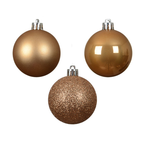Assorted champagne gold Christmas baubles featuring matte, glossy and glitter finishes with silver hanging caps, ideal for elegant festive tree decorating.