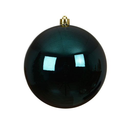 Glossy dark teal glass Christmas bauble ornament with a reflective finish, gold hanging cap and classic round design for elegant festive tree decoration.