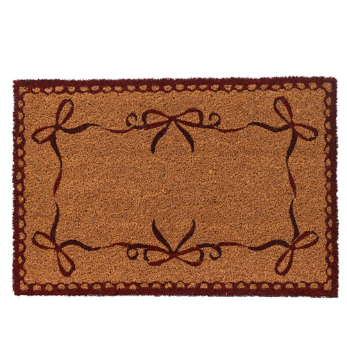 Natural coir doormat with decorative burgundy bow border design, featuring a classic rectangular shape and festive ribbon motif for seasonal entrance décor.