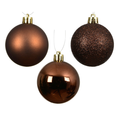 Set of brown Christmas baubles featuring matte, glossy and glitter finishes, with gold hanging caps, displayed on a plain background.
