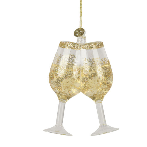 Glass champagne coupe Christmas ornament featuring two clinking glasses filled with gold glitter detail, clear stems and gold trim, suspended from a gold hanging cord for festive tree decoration.