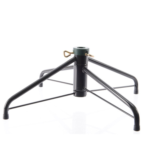 Sturdy green metal Christmas tree stand with four support legs and secure screw fittings, designed to hold artificial or real Christmas trees safely and securely.