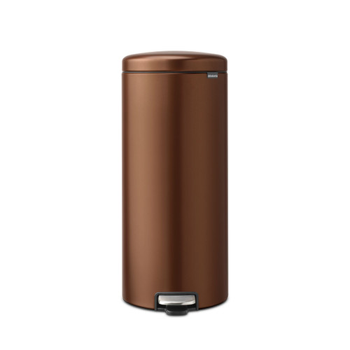 Brabantia NewIcon Pedal Bin 30L in Terracotta Pink finish with a slim cylindrical design, soft-closing lid and stainless steel pedal against a plain background.