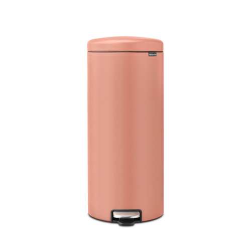 Brabantia NewIcon Pedal Bin 30L in Terracotta Pink finish with a slim cylindrical design, soft-closing lid and stainless steel pedal against a plain background.